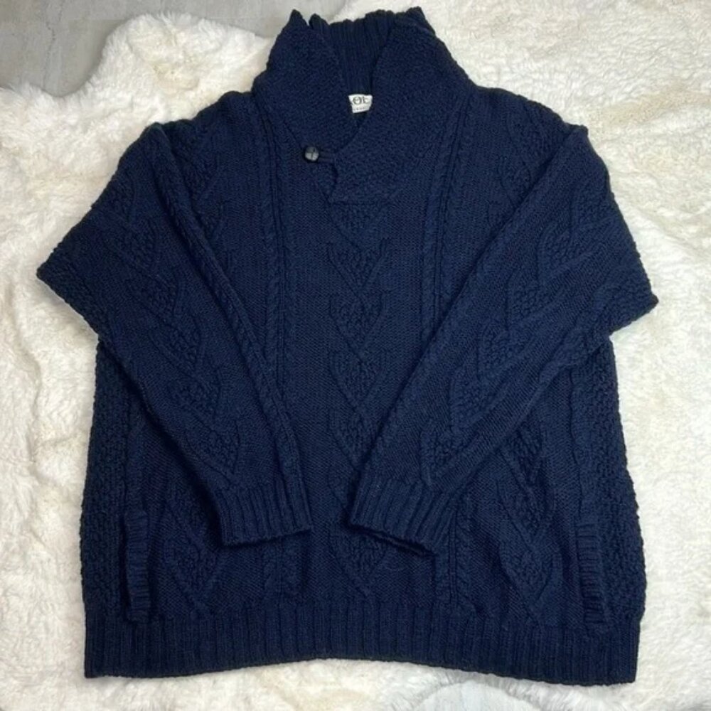 SAOL Irelend Blue Sweater - Merino Wool Aran Shawl Collar